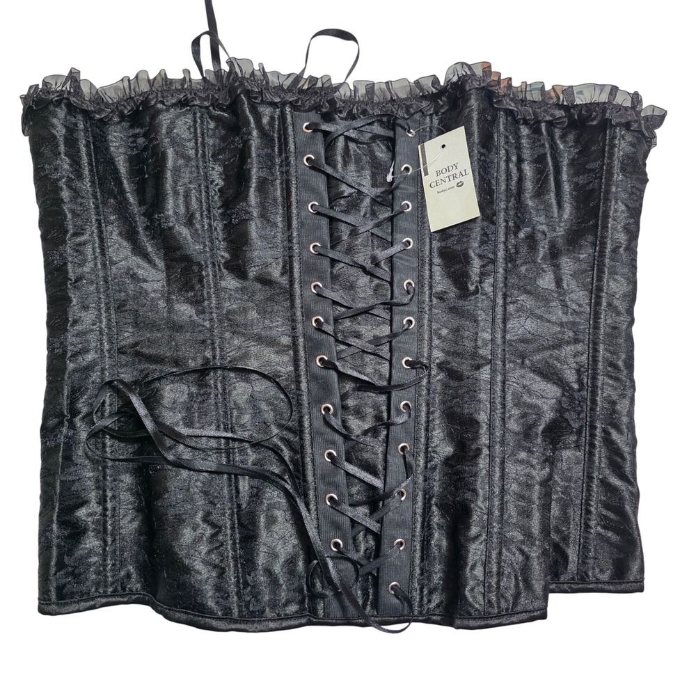 Body Central NWT Womens L Corset Top Black Lace Up Jacquard Ruffle Coquette Goth